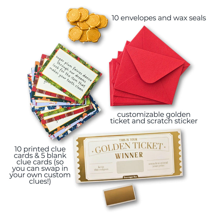 christmas scavenger hunt kit envelopes, wax seals, clues, and final prize