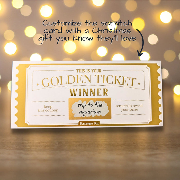 christmas scavenger hunt final prize of golden ticket scratch off that says &