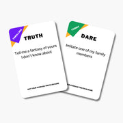 couples truth or dare cards that say 'tell me a fantasy of yours I don't know about' and 'Imitate one of my family members'