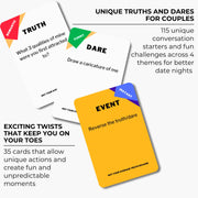 couples truth or dare game cards, including an event card that says 'reverse the truth/dare', a truth card that says 'what 3 qualities of mine were you first attracted to?', and a dare card that says 'draw a caricature of me'