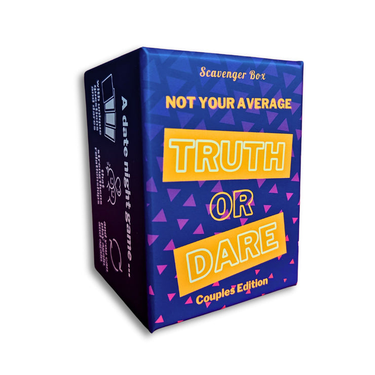 purple and yellow couples truth or dare date night card game box