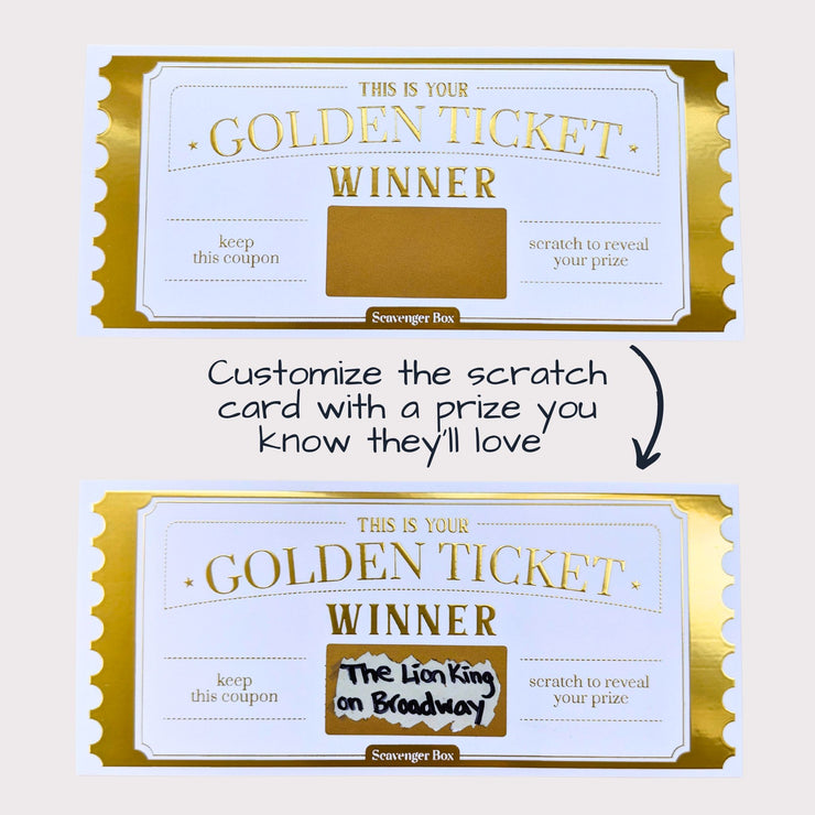 diy scavenger hunt showing custom golden ticket scratch prize that says &