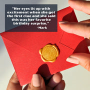 diy scavenger hunt showing red envelope sealed with gold wax seal and testimonial saying "Her eyes lit up with excitement when she got the first clue and she said this was her favorite birthday surprise."