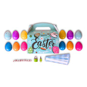 easter scavenger hunt kit that shows chain, lock, key, plastic eggs, customizable paper clues, and lockable Easter basket