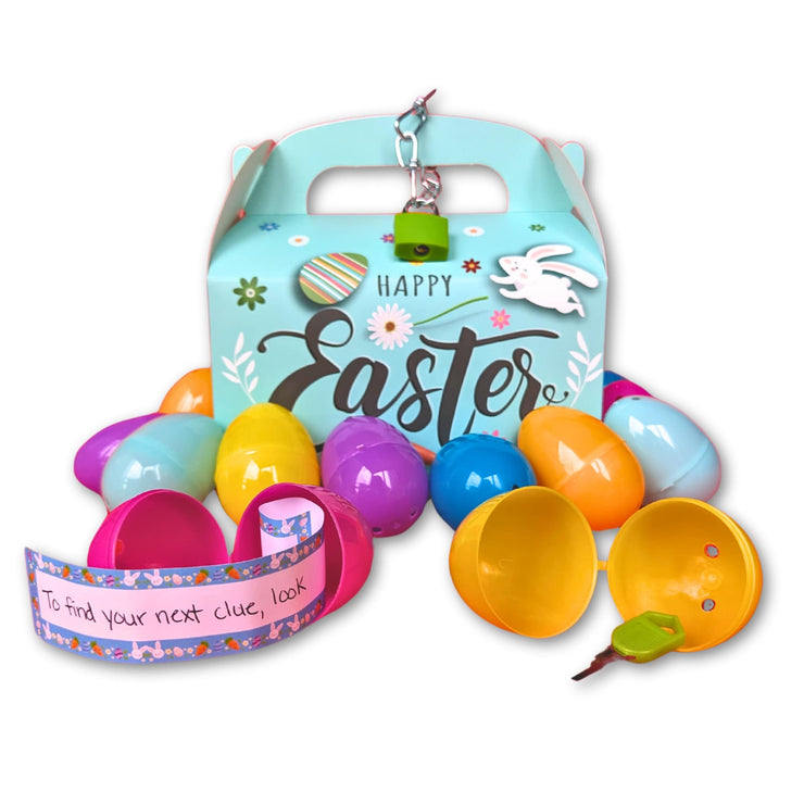 easter scavenger hunt kit with lock, key, chain, Easter basket, and plastic eggs that have clues hidden inside them