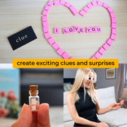 scavenger hunt for couples showing a message in a bottle and scrabble letters that say 'i love you'