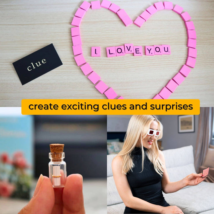 scavenger hunt for couples showing a message in a bottle and scrabble letters that say &