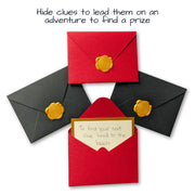 scavenger hunt party game custom clue in a wax sealed envelope that says 'to find your next clue head to the beach'