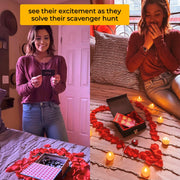 valentine's day scavenger hunt for couples showing woman finding a clue and unlocking a chest with a final prize